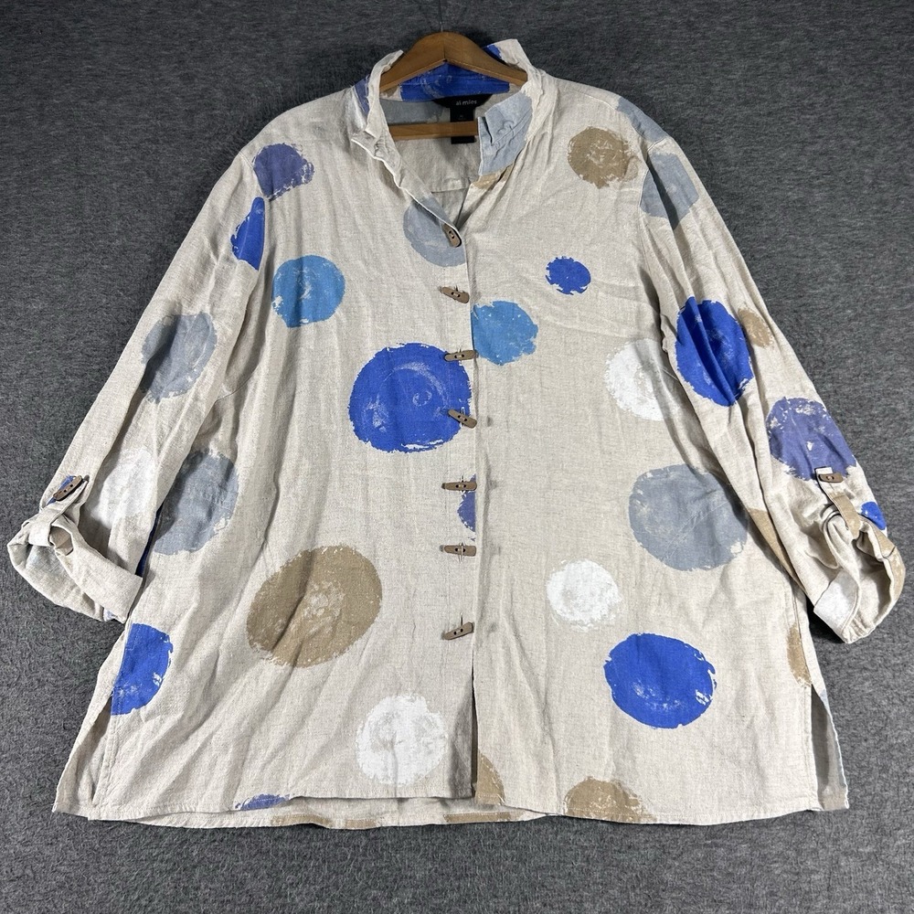 Ali Miles Linen Blend Button Up  Shirt Womens XL Beige Top Artsy Lagenlook Beach